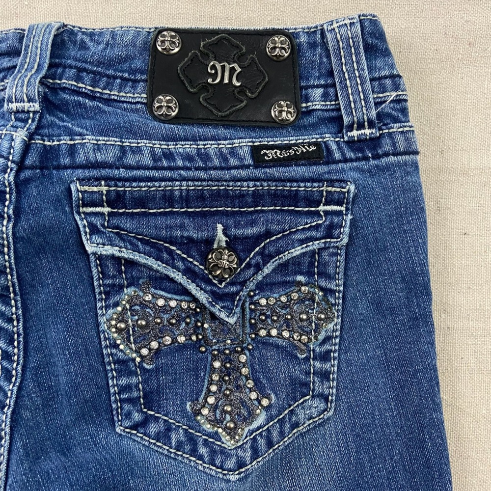 Miss Me Bootcut Jeans Womens 29 Blue Medium‎ Wash Rhinestone Cross Embellished